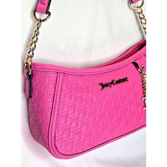 NWT Juicy Couture Pink Embossed Logo Crescent Shoulder Bag Gold Chain Charm - Picture 4 of 9